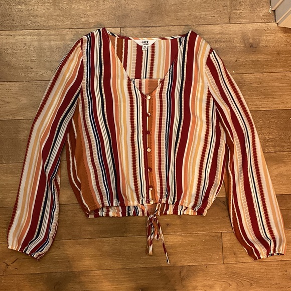 Jack by BB Dakota XS Silky Cropped Multicolor V Neck Blouse with Buttons and Tie - Picture 3 of 5